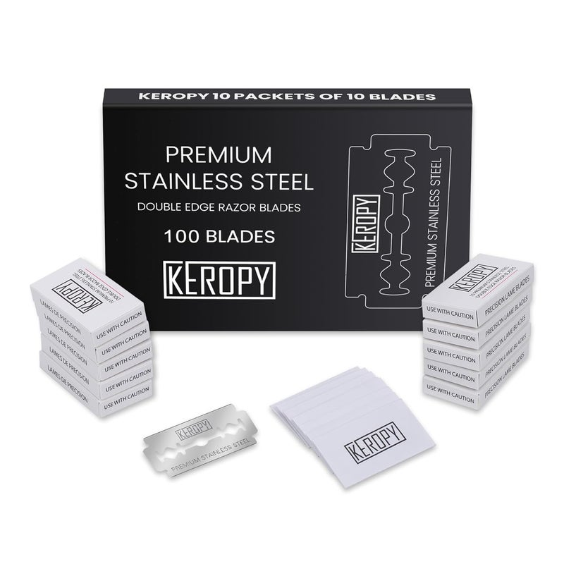 Keropy 100 Safety Razor Blades - Super Sharp Stainless Steel & Lifetime Supply for Smooth Shaving, Individually Wax-Sealed, Universal Razor Compatibility - Image 1